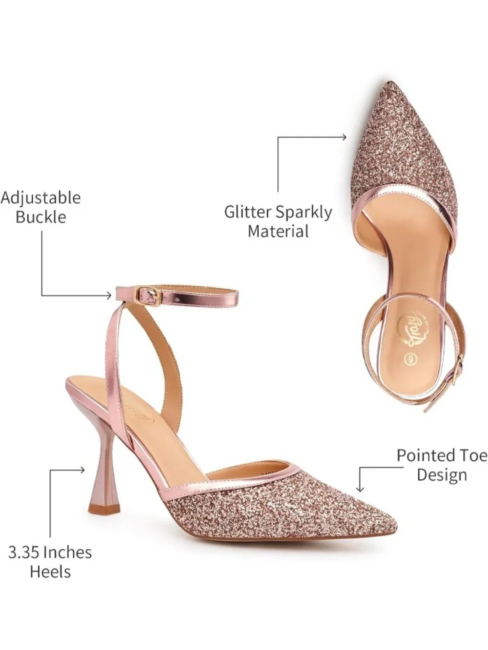 Women's Rose Gold Slingback Pointed Toe Stiletto Heels Ankle Strap Dress Shoes